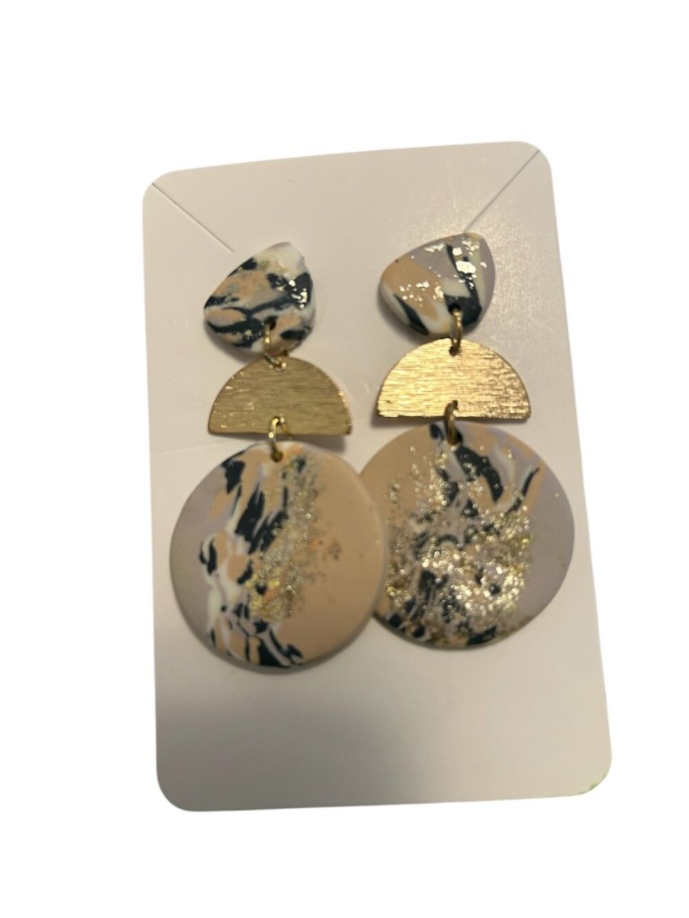 Abstract Polymer Clay Statement Dangle Earrings Gold Glitter Neutral NWOT - Picture 3 of 5